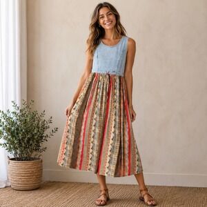 Green Land USA Vntg 90s Denim Mixed Media Printed Maxi Dress Multi-Color L Boho